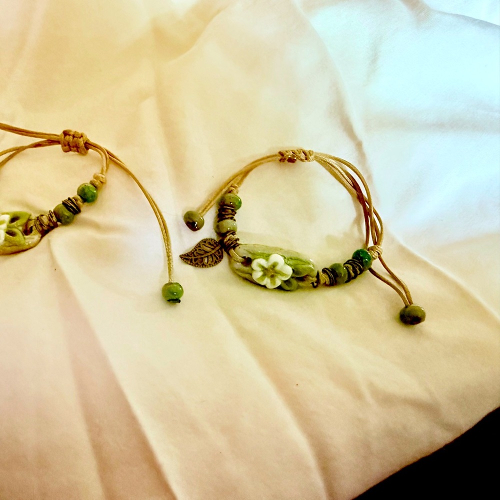 Green Beaded Beat Friend Bracelet with Leaf Charm
